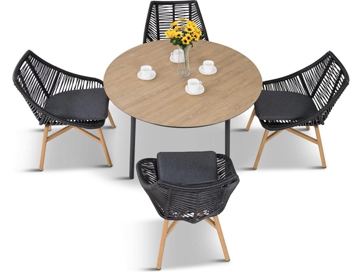 Komplet mebli Meblobranie z okrągłym stołem technorattan Almera Dining Black Kolor Czarny Zestawy obiadowe Stoły z krzesłami Aluminium Kategoria Zestawy mebli ogrodowych