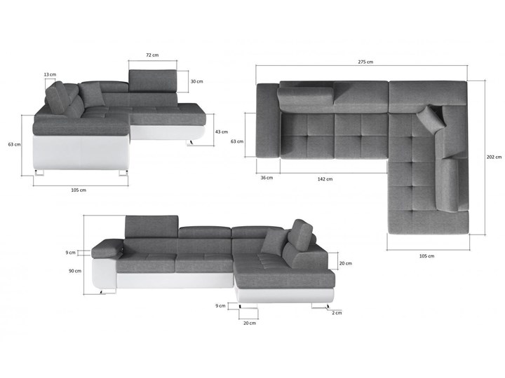 Meblobranie Szary rozkładany narożnik z funkcją spania Anton 275x202 Prawostronne Głębokość 202 cm Lewostronne Wysokość 90 cm Szerokość 275 cm Nóżki Na nóżkach