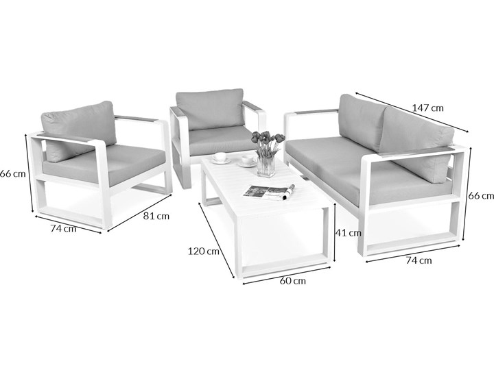 Aluminiowe meble ogrodowe białe Meblobranie Panama Zestawy kawowe Drewno Aluminium Kategoria Zestawy mebli ogrodowych Zestawy wypoczynkowe Zawartość zestawu Stolik
