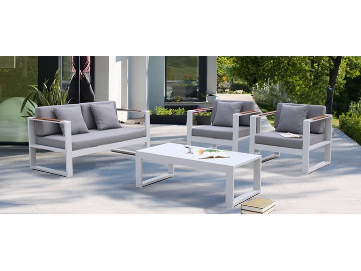 Aluminiowe meble ogrodowe białe Meblobranie Panama Drewno Aluminium Zestawy kawowe Zestawy wypoczynkowe Zawartość zestawu Sofa