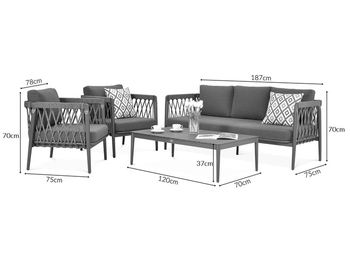 Meblobranie Szare nowoczesne meble na taras ze stolikiem kawowym Portland Aluminium Zestawy kawowe Zestawy wypoczynkowe Zawartość zestawu Sofa Zawartość zestawu Fotele