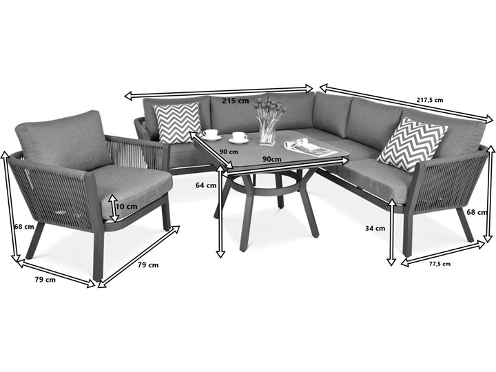 Meblobranie Nowoczesny narożnik ogrodowy szary z fotelem Salvador Dining Zestawy modułowe Zawartość zestawu Sofa Aluminium Zestawy wypoczynkowe Zawartość zestawu Stolik
