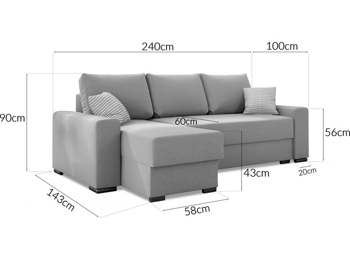 Meblobranie Klasyczny szary narożnik do salonu Rossa 240x143 Lewostronne Funkcje Z funkcją spania Szerokość 240 cm Prawostronne Głębokość 240 cm Materiał obicia Tkanina