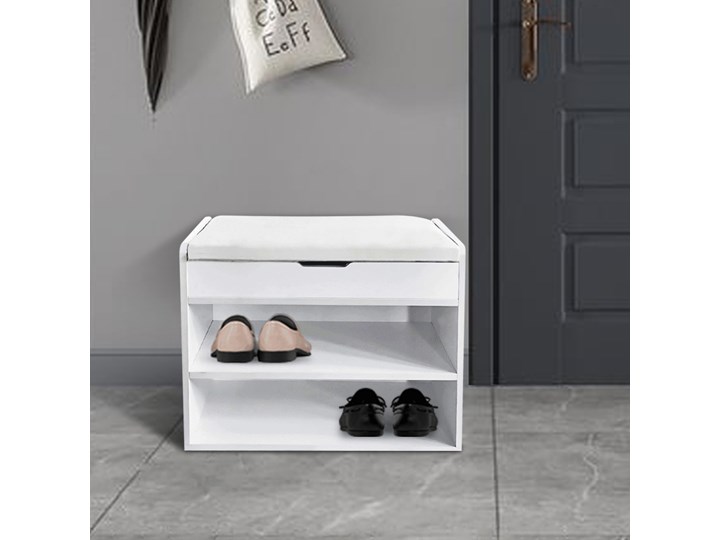 SELSEY Szafka na buty z siedziskiem Ramizu biała Tworzywo sztuczne Płyta laminowana Płyta MDF Drewno Płyta meblowa Pomieszczenie Przedpokój Styl Nowoczesny