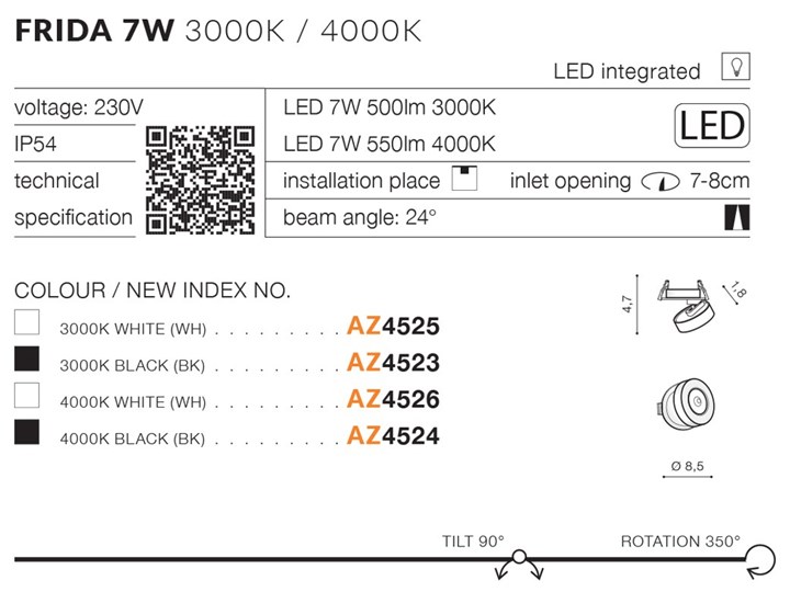 FRIDA 7W IP54 Oprawa led Kategoria Oprawy oświetleniowe Kolor Czarny