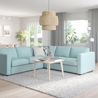 IKEA VIMLE Sofa narożna 4-osobowa, Saxemara jasnoniebieski, Wysokość z poduchami oparcia: 83 cm