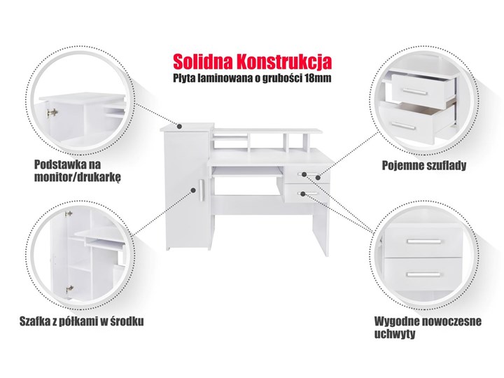 Biurko ALDONA 2 biały mat MEBLOWA 1 Szerokość 115 cm Płyta meblowa Pomieszczenie Pokój nastolatka Pomieszczenie Biuro