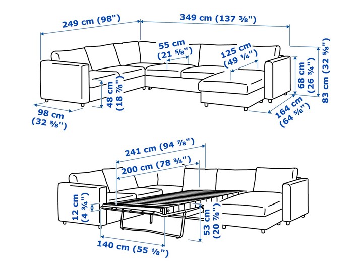 IKEA VIMLE Narożna sofa rozkł. 5o z szezl, Grann/Bomstad czarny, Wysokość łóżka: 53 cm Szerokość 349 cm Wysokość 83 cm Głębokość 98 cm W kształcie litery U Szerokość 249 cm Rozkładanie Rozkładany