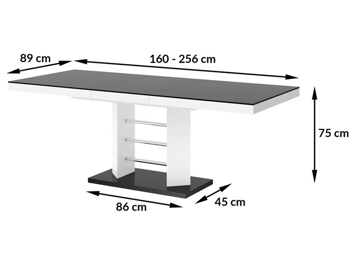 Rozkładany stół do salonu w wysokim połysku Linosa Lux Szerokość 45 cm Szerokość 160 cm Szerokość 89 cm Płyta MDF Wysokość 60 cm Długość 260 cm Szkło Długość 256 cm Długość 160 cm Szerokość 86 cm Liczba miejsc Do 12 osób
