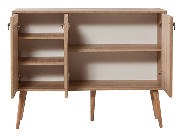 SELSEY Komoda na nóżkach Aldhanab trzydrzwiowa dąb sonoma Wysokość 94 cm Szerokość 120 cm Drewno Głębokość 36 cm Kategoria Komody Płyta MDF Pomieszczenie Salon