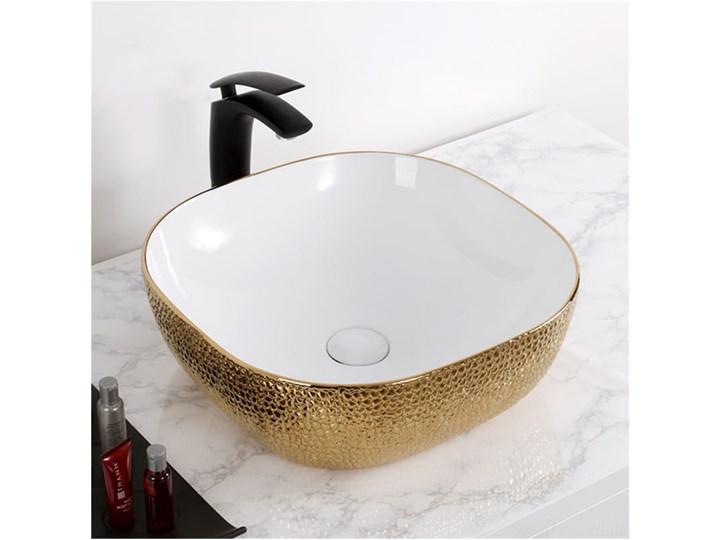 VELDMAN UMYWALKA CERAMICZNA ATLANTA BIAŁO ZŁOTA SKÓRA WĘŻA Kolor Biały Ceramika Nablatowe Szerokość 43 cm Meblowe Kolor Złoty