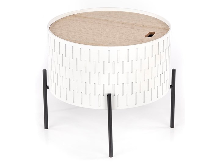 Nowoczesny stolik kawowy ze schowkiem do salonu Biało-czarny IWATE Stal Drewno Wysokość 35 cm Płyta MDF Kształt blatu Okrągłe