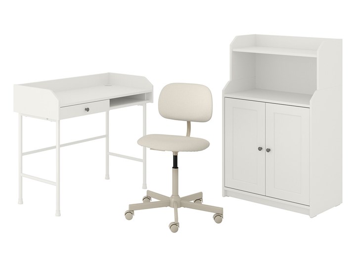 IKEA HAUGA/BLECKBERGET Kombinacja biurko/szafka, i krzesło obrotowe biały/beżowy Kategoria Zestawy mebli do sypialni