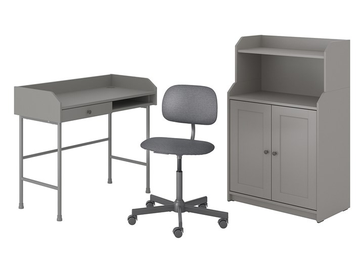 IKEA HAUGA/BLECKBERGET Kombinacja biurko/szafka, i krzesło obrotowe szary Kategoria Zestawy mebli do sypialni