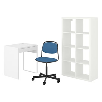 IKEA MICKE/ÖRFJÄLL / KALLAX Kombinacja biurko/szafka, i krzesło obrotowe biały/niebieski/czarny