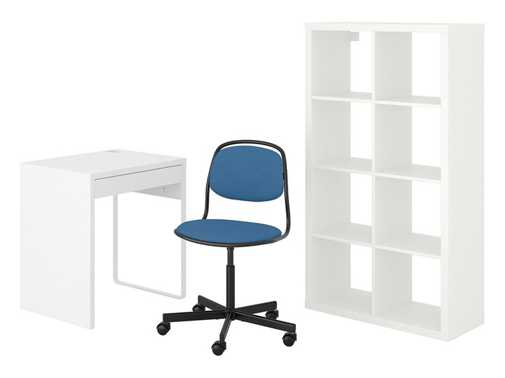 IKEA MICKE/ÖRFJÄLL / KALLAX Kombinacja biurko/szafka, i krzesło obrotowe biały/niebieski/czarny Kategoria Zestawy mebli do sypialni