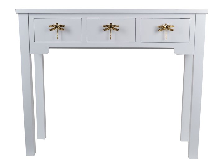 Biała konsola ze złotymi uchwytami z ważką GoldenFly Kolor Biały Wysokość 78 cm Szerokość 95 cm Płyta MDF Z szufladą Głębokość 30 cm Styl Nowoczesny