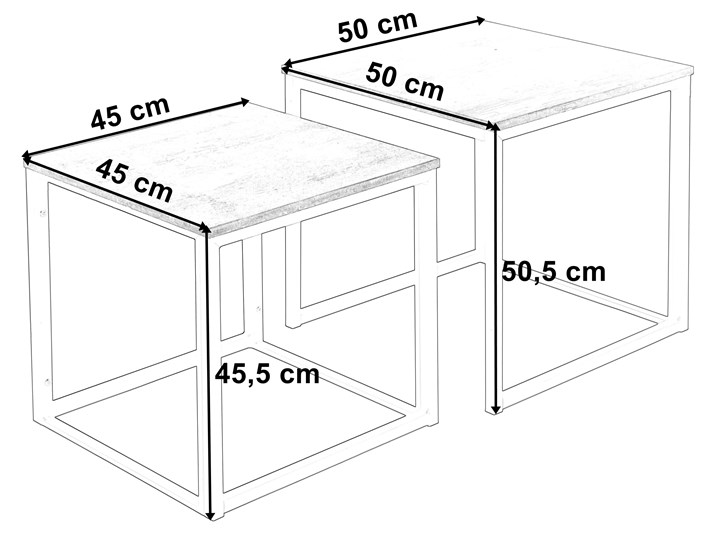 Zestaw stolików metalowych Praven Szerokość 45 cm Długość 45 cm Długość 50 cm Płyta meblowa Szerokość 50 cm Wysokość 50 cm Funkcje Bez dodatkowych funkcji