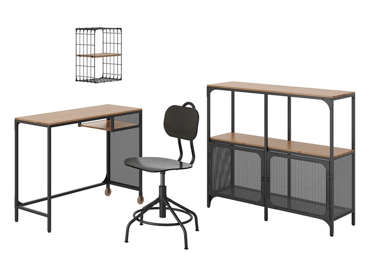IKEA FJÄLLBO/KULLABERG / GULLHULT Kombinacja biurko/szafka, i krzesło obrotowe czarny/sosna