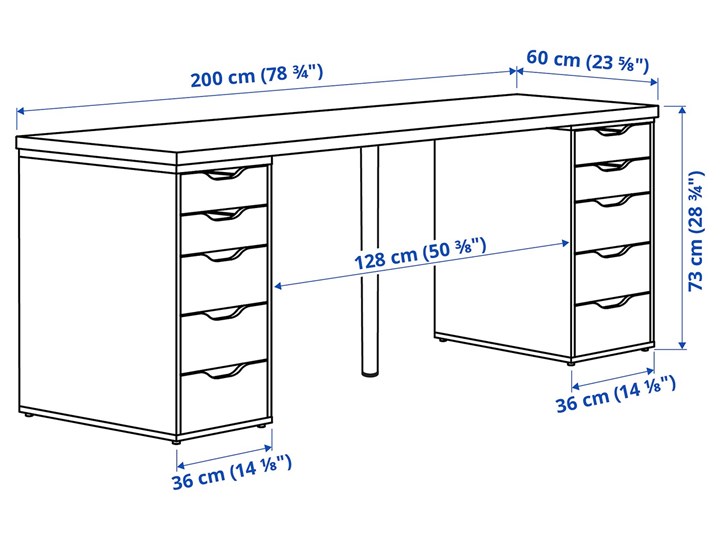 IKEA LAGKAPTEN / ALEX Biurko, Dąb bejcowany na biało/biały, 200x60 cm Szerokość 200 cm Biurko tradycyjne Płyta MDF Stal Pomieszczenie Pokój nastolatka