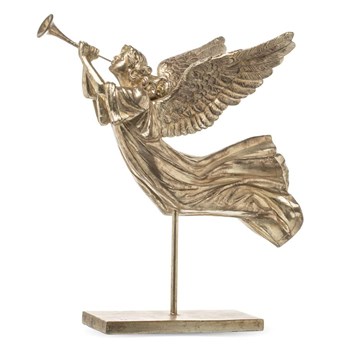 ZŁOTY ANIOŁ GRAJĄCY NA TRĄBCE figurka na ozdobnej podstawce, wys. 44 cm