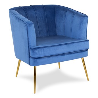 Fotel welurowy tapicerowany na metalowych złotych nogach niebieski F109