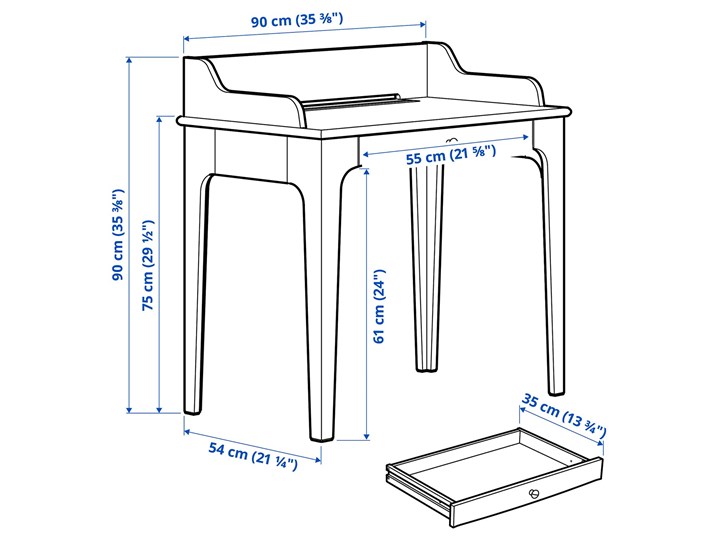 IKEA LOMMARP Biurko, Ciemnoniebieski-zielony, 90x54 cm Sekretarzyk Płyta MDF Sosna Szerokość 90 cm Drewno Pomieszczenie Biuro