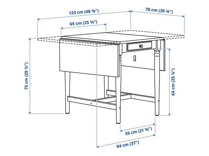 IKEA INGATORP Stół z opuszczanym blatem, Czarnobrąz, 65/123x78 cm Długość 123 cm Wysokość 75 cm Długość 65 cm Płyta MDF Rozkładanie Rozkładane Sosna Kategoria Stoły kuchenne