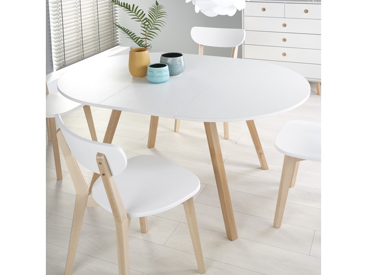 Rozkładany okrągły stół 102x102 z drewnianymi nogami RUBEN biały Halmar Długość 102 cm Drewno Płyta MDF Szerokość 102 cm Styl Skandynawski