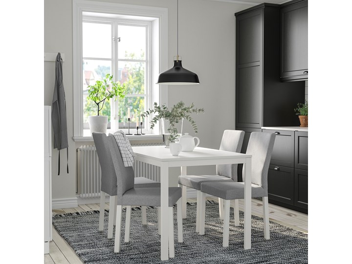 IKEA VANGSTA / KÄTTIL Stół i 4 krzesła, biały/Knisa jasnoszary, 120/180 cm Liczba krzeseł 6 krzeseł Kategoria Stoły z krzesłami