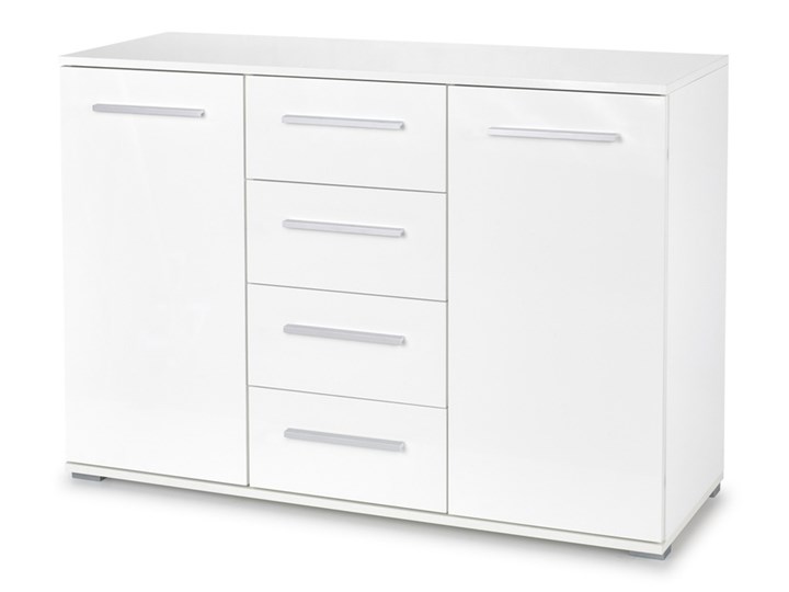 SELSEY Komoda Claros dwudrzwiowa z czterema szufladami biała Szerokość 116 cm Wysokość 82 cm Z szafkami i szufladami Pomieszczenie Sypialnia Głębokość 40 cm Szerokość 120 cm Z szafkami Wysokość 41 cm Głębokość 41 cm Pomieszczenie Salon