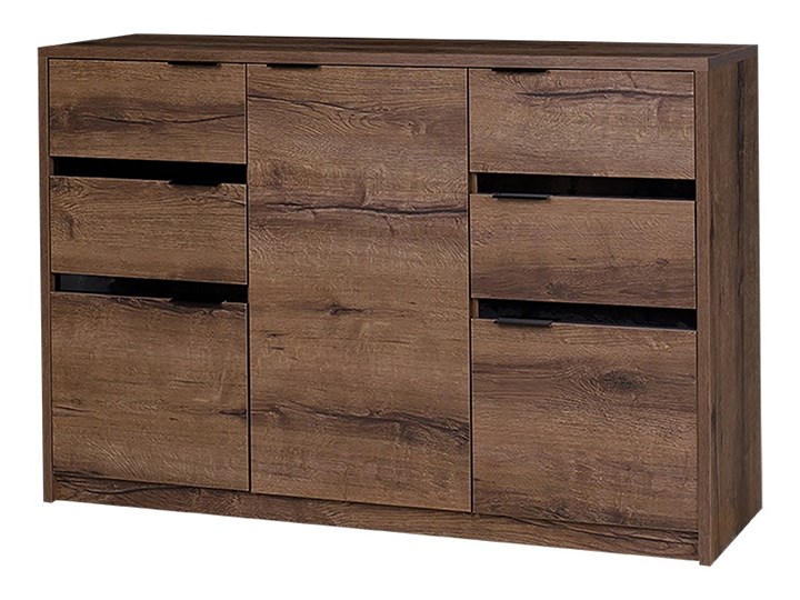 SELSEY Komoda Rikno trzydrzwiowa z czterema szufladami Dąb monastery / Czarny połysk Głębokość 40 cm Wysokość 90 cm Szerokość 135 cm Pomieszczenie Salon Pomieszczenie Sypialnia