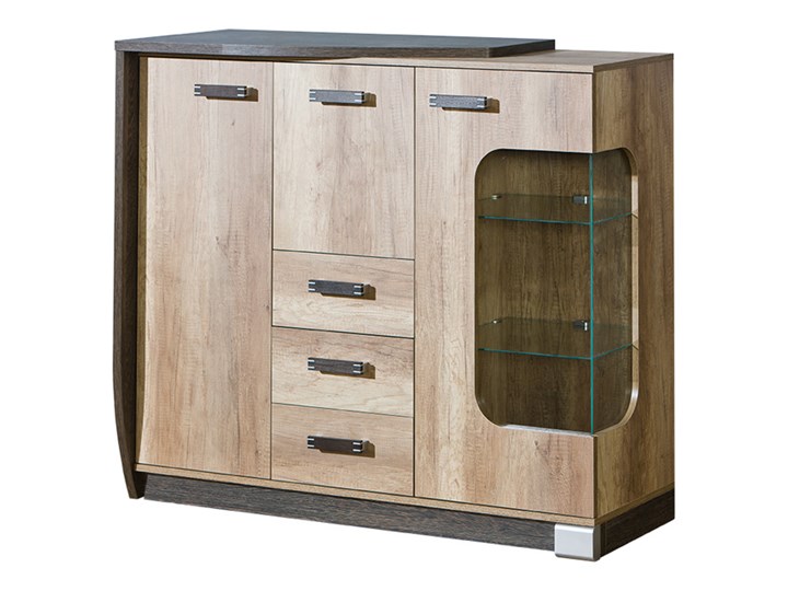 SELSEY Komoda ze szklaną witryną Galangal z systemem LED wesja lewostronna Drewno Głębokość 46 cm Szerokość 130 cm Z witrynami Kategoria Komody Płyta MDF Wysokość 114 cm Kolor Beżowy