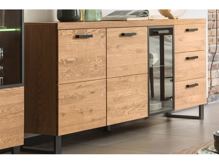 SELSEY Komoda z trzema szufladami Telany i zamykanymi szafkami Wysokość 90 cm Płyta MDF Drewno Pomieszczenie Salon Głębokość 42 cm Szkło Szerokość 180 cm Kategoria Komody