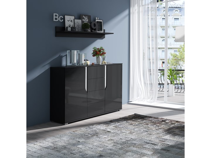 SELSEY Komoda Promina dwudrzwiowa z czterema szufladami Czarny mat / Czarny połysk / Biały połysk Głębokość 40 cm Z szafkami Szerokość 135 cm Wysokość 90 cm Głębokość 34 cm Płyta MDF Wysokość 88 cm Pomieszczenie Salon