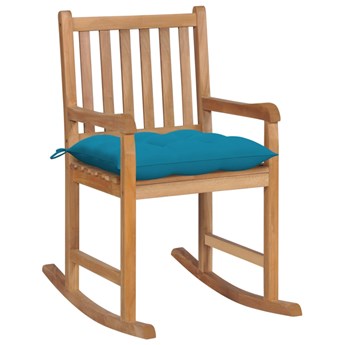 Drewniany fotel bujany z jasnoniebieską poduszką - Mecedora