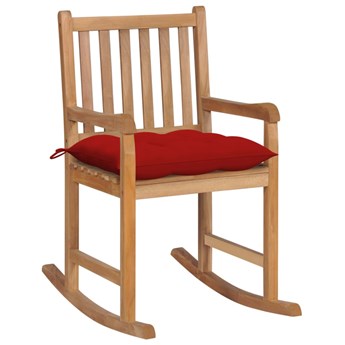Drewniany fotel bujany z czerwoną poduszką - Mecedora