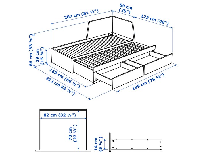IKEA FLEKKE Leżanka z 2 szufladami, 2 materace, biały/Ågotnes twardy, 80x200 cm Łóżko drewniane Drewno Styl Skandynawski Rozmiar materaca 160x200 cm