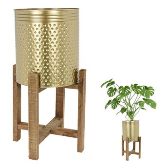 Doniczka metalowa, złota, na drewnianym stojaku, kwietnik, osłonka na rośliny, kwiaty, 50 cm kod: O-339251-M