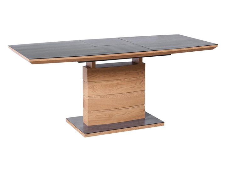 Stół jadalniany na jednej nodze Concord w kolorze dąb złoty Płyta MDF Wysokość 140 cm Szerokość 140 cm Długość 180 cm Długość 140 cm Szerokość 80 cm Długość 80 cm Pomieszczenie Stoły do salonu Drewno Szkło Kształt blatu Prostokątny