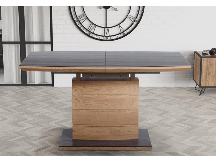 Stół jadalniany na jednej nodze Concord w kolorze dąb złoty Szerokość 80 cm Długość 180 cm Szerokość 140 cm Płyta MDF Drewno Długość 80 cm Szkło Długość 140 cm Kształt blatu Prostokątny Wysokość 140 cm Styl Nowoczesny