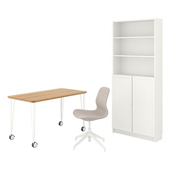 IKEA ANFALLARE/LÅNGFJÄLL / BILLY/OXBERG Kombinacja biurko/szafka, i krzesło obrotowe bambus/beżowy biały