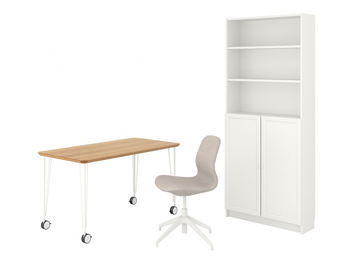 IKEA ANFALLARE/LÅNGFJÄLL / BILLY/OXBERG Kombinacja biurko/szafka, i krzesło obrotowe bambus/beżowy b ...
