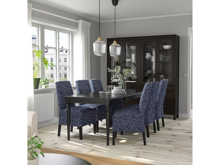 IKEA INGATORP / BERGMUND Stół i 4 krzesła, czarny/Ryrane granatowy, 155/215 cm Pomieszczenie Jadalnia