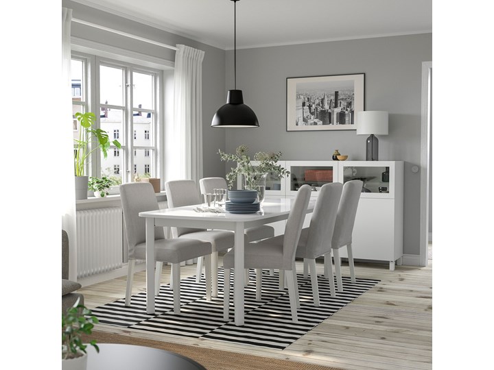 IKEA STRANDTORP / BERGMUND Stół i 6 krzeseł, biały/Orsta jasnoszary, 150/205/260 cm Pomieszczenie Jadalnia