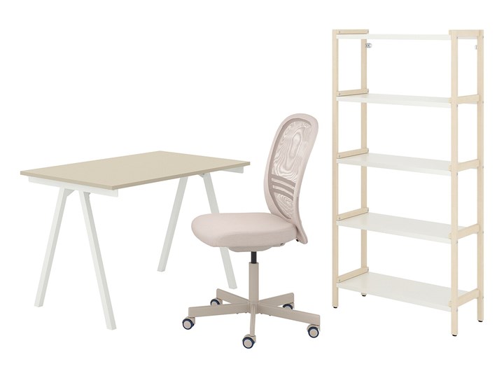 IKEA TROTTEN/FLINTAN / EKENABBEN Kombinacja biurko/szafka, i krzesło obrotowe beżowy/biały