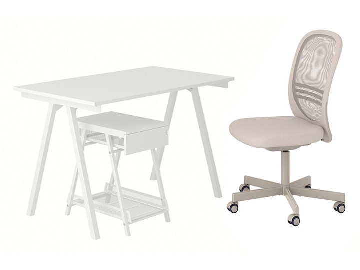 IKEA TROTTEN / FLINTAN Kombinacja biurko/szafka, i krzesło obrotowe biały/beżowy Kategoria Zestawy mebli do sypialni