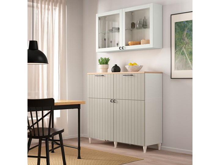 IKEA BESTÅ Kombinacja regałowa z drzw/szuf, Biały Sutterviken/Kabbarp/szarobeżowy szkło bezbarwne, 120x42x240 cm