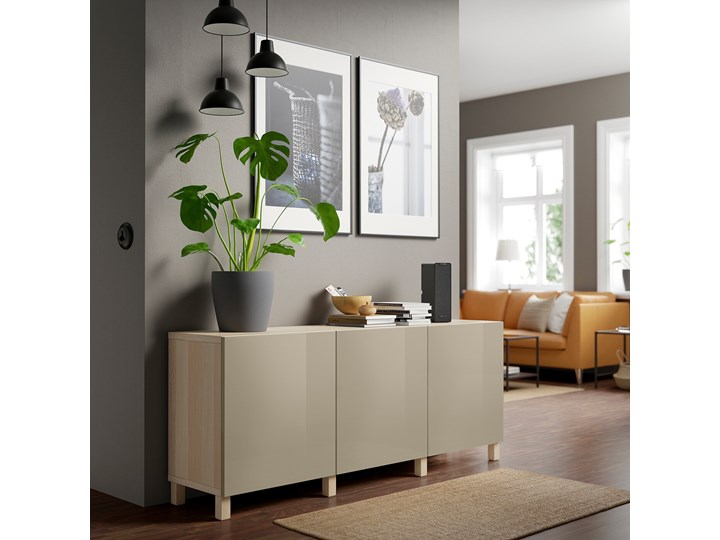 IKEA BESTÅ Kombinacja z drzwiami, Dąb bejcowany na biało/Selsviken/Stubbarp wysoki połysk beż, 180x42x74 cm Z szafkami Głębokość 42 cm Wysokość 42 cm Drewno Szerokość 180 cm Płyta MDF Pomieszczenie Sypialnia