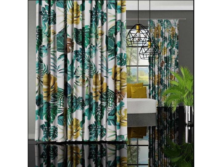Zasłona MONSTERA z taśmą marszczącą, odcienie jesieni na białym tle, 150x250 cm, Z595/jo Tak